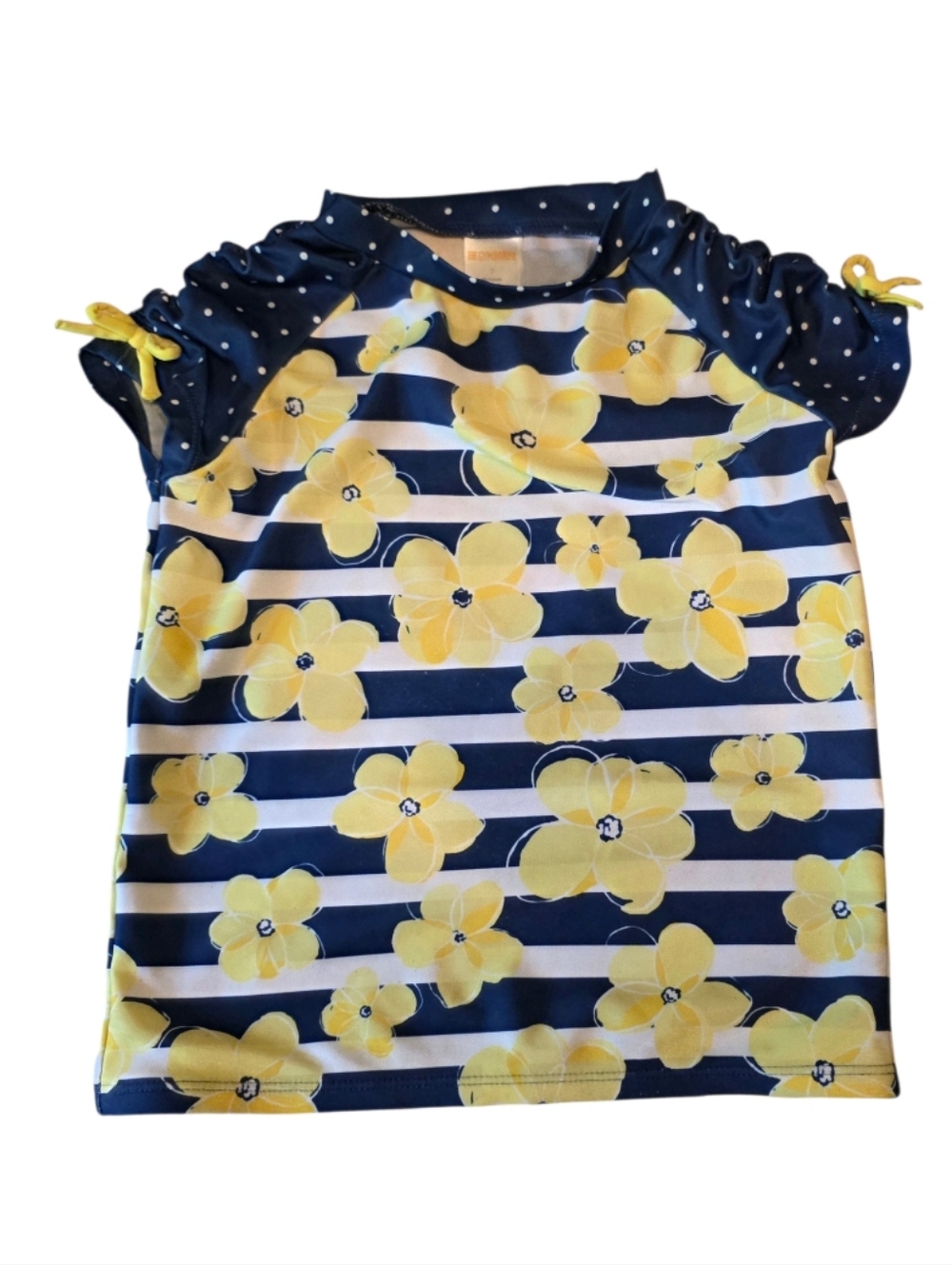Girls' Navy & Yellow Floral Stripe Rash Guard Size 7 Daisy Print Swim Top